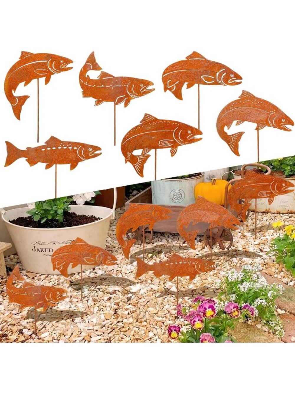 Rustic Metal Fish Garden Stakes - Set of 6 Outdoor Decor for Patios & Backyards